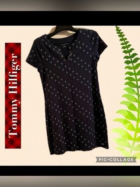 ♥️ Tommy Hilfiger Women's Dress M Navy Blue Anchors Nautical V neck Short sleeve